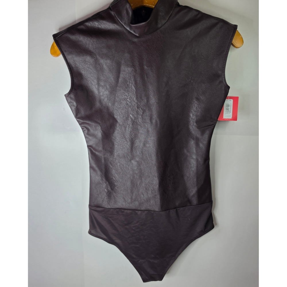 Spanx Leather Like Mock Neck Bodysuit Cherry Chocolate Brown Cap Sleeve XS NWT